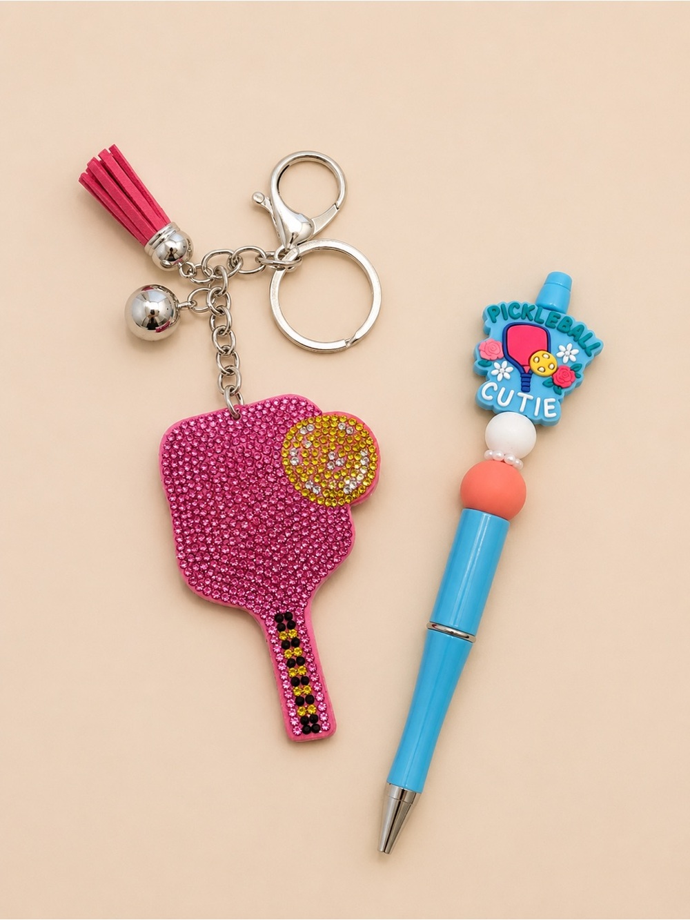 Pink Rhinestone Pickleball Paddle Keychain with Blue Pickleball Pen